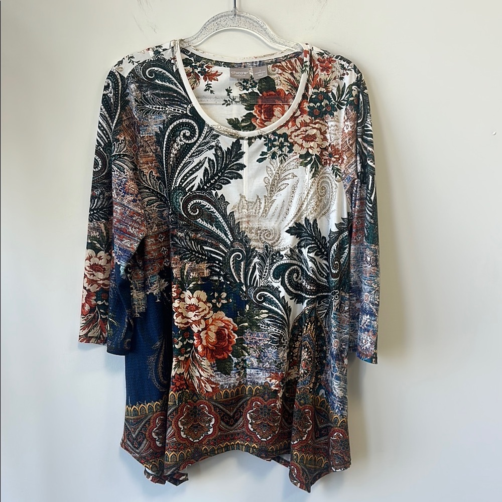 Chico's Sz XL Floral Asymmetrical 3/4 Sleeve Tunic